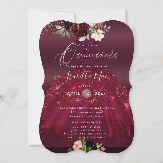 Quinceanera Blush Burgund Wasserfarben Blume Einladung (Rückseite)