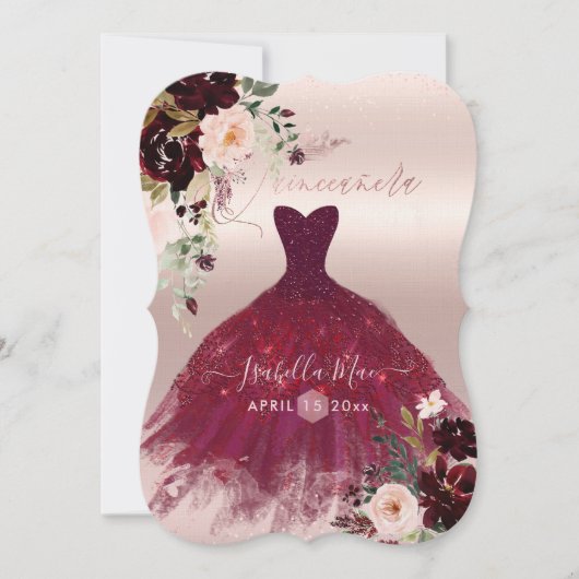 Quinceanera Blush Burgund Wasserfarben Blume Einladung (Vorderseite)