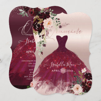 Quinceanera Blush Burgund Wasserfarben Blume Einladung