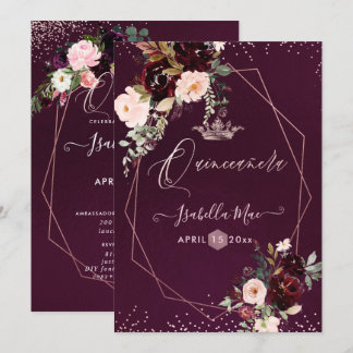 Quinceanera Blush Burgund Wasserfarben Blume Einladung