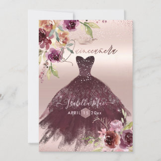Quinceanera Blush Burgund Wasserfarben Blume Einladung