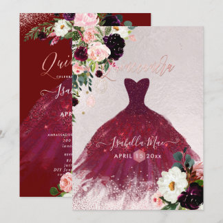Quinceanera Blush Burgund Wasserfarben Blume Einladung