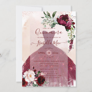 Quinceanera Blush Burgund Wasserfarben Blume Einladung
