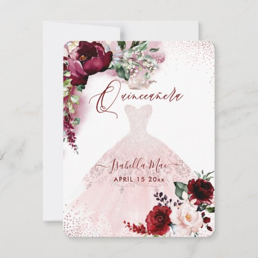 Quinceanera Blush Burgund Wasserfarben Blume Invi Einladung (Vorderseite)