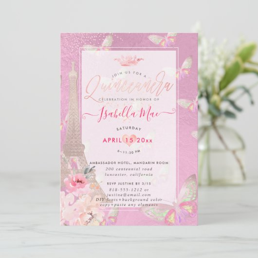 Quinceanera Blush Eiffelturm, Schmetterlinge Einladung (Stehend Vorderseite)