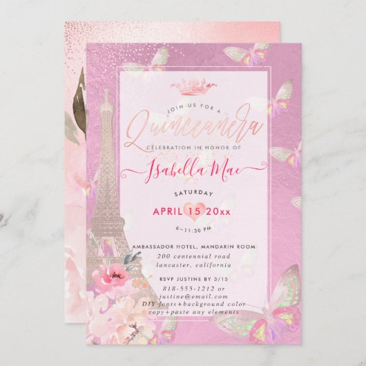 Quinceanera Blush Eiffelturm, Schmetterlinge Einladung (Vorne/Hinten)