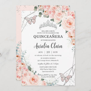 Quinceañera Blush Floral Butterfliegen Silver Crow Einladung