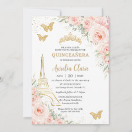Quinceañera Blush Floral Paris Eiffel Champagne Einladung
