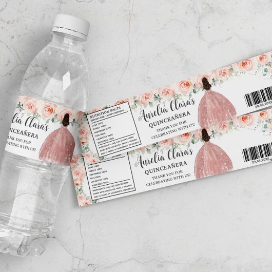 Quinceañera Blush Floral Prinzessin Sweet Birthday Wasserflaschenetikett