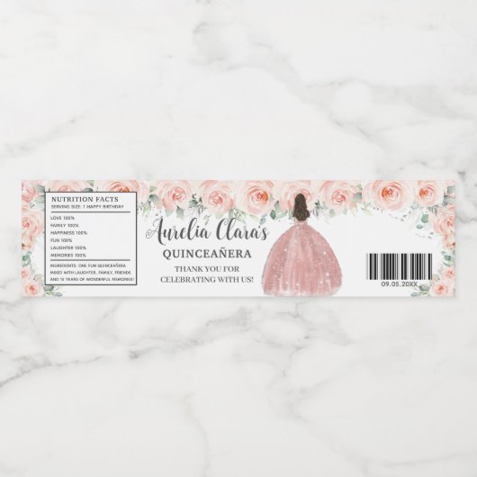 Quinceañera Blush Floral Prinzessin Sweet Birthday Wasserflaschenetikett (Einzelnes Label)