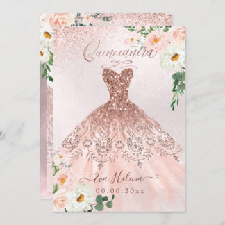 Quinceañera, Blush Floral Sparkle Gown Rose Gold Einladung