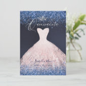 Quinceanera Blush Glitzer Going + Navy Blue Einladung (Stehend Vorderseite)