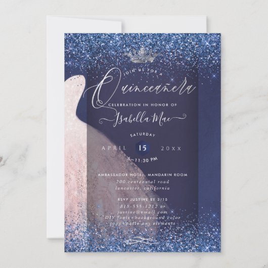 Quinceanera Blush Glitzer Going + Navy Blue Einladung (Rückseite)