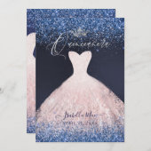 Quinceanera Blush Glitzer Going + Navy Blue Einladung (Vorne/Hinten)