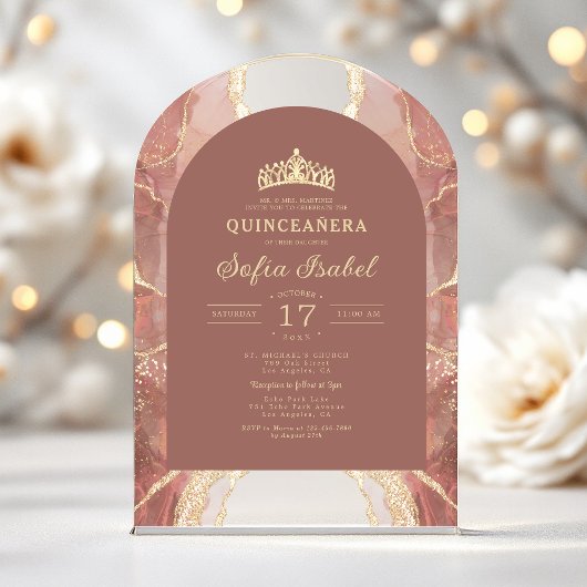 Quinceañera Blush Gold Agate Elegante Acryleinladungen