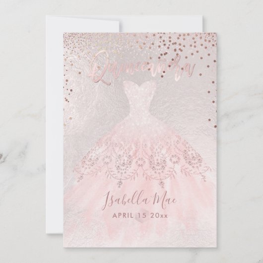 Quinceanera Blush Gown+Confetti Iridescent Bckgran Einladung (Vorderseite)