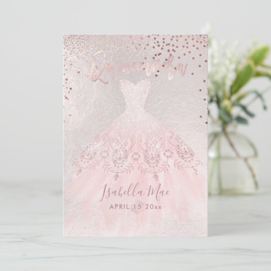 Quinceanera Blush Gown+Confetti Iridescent Bckgran Einladung (Stehend Vorderseite)