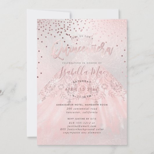 Quinceanera Blush Gown+Confetti Iridescent Bckgran Einladung (Rückseite)