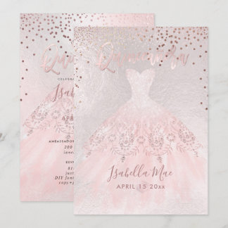 Quinceanera Blush Gown+Confetti Iridescent Bckgran Einladung