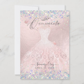 Quinceanera Blush Gown Holographic Glitzer Invita Einladung