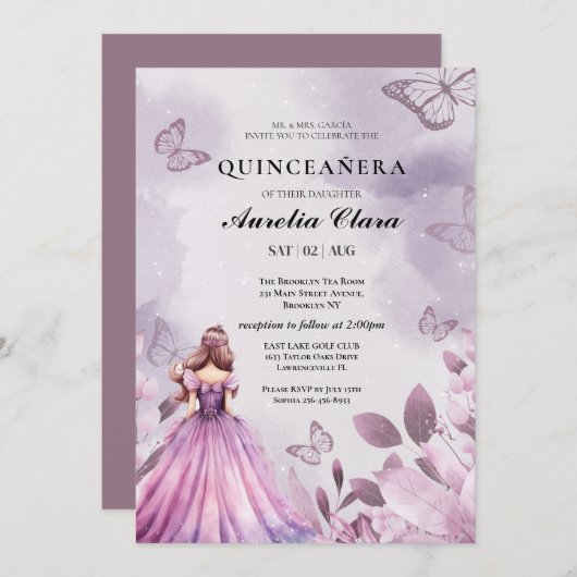 Quinceañera Blush lila Bloral Butterfly Einladung (Vorne/Hinten)