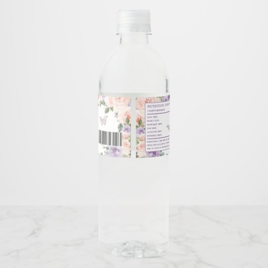 Quinceañera Blush Lilac Floral Silberschmetterling Wasserflaschenetikett (Rückseite)