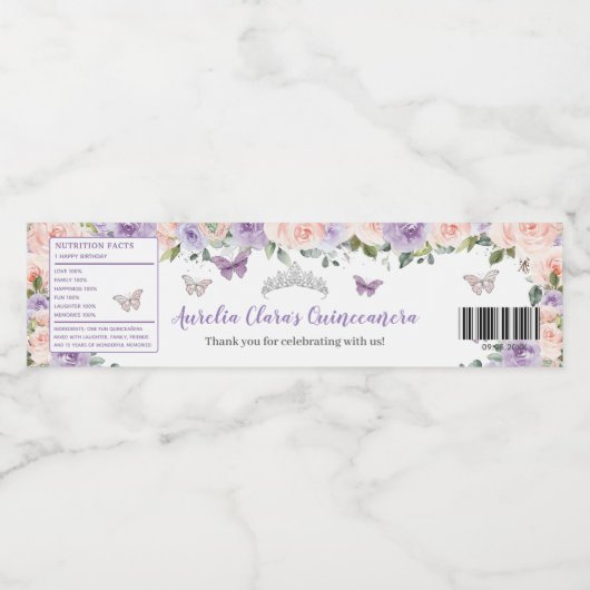Quinceañera Blush Lilac Floral Silberschmetterling Wasserflaschenetikett (Einzelnes Label)