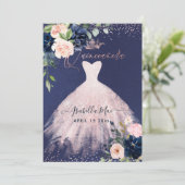 Quinceanera Blush Navy Blue Watercolor Blume Inv Einladung (Stehend Vorderseite)