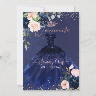 Quinceanera Blush Navy Blue Watercolor Blume Inv Einladung