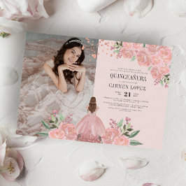 Quinceañera Blush Ping Gold Floral Princess Foto Einladung