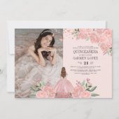 Quinceañera Blush Ping Gold Floral Princess Foto Einladung (Vorderseite)