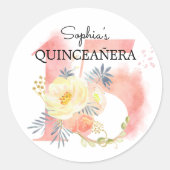 Quinceanera Blush Pink Aquarellblume 15 Custom Runder Aufkleber (Vorderseite)