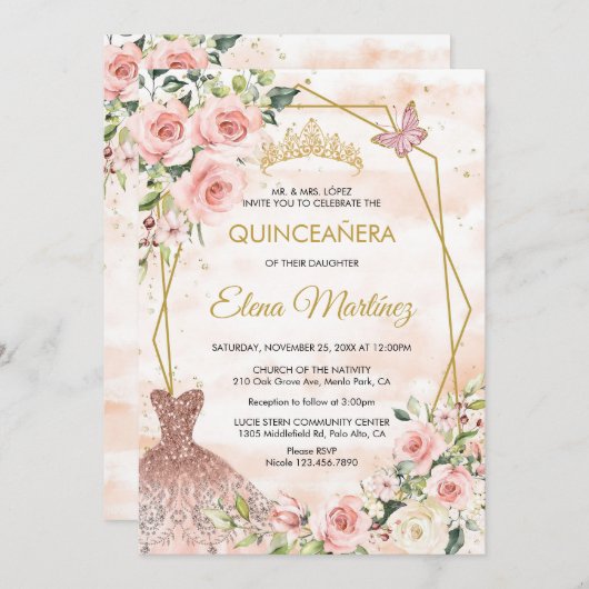 Quinceanera Blush Pink Blume Schmetterling Einladung (Vorne/Hinten)