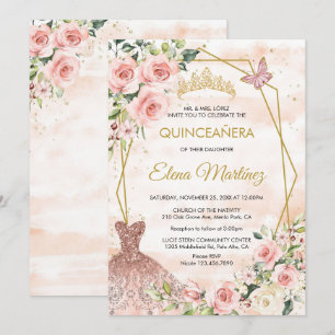 Quinceanera Blush Pink Blume Schmetterling Einladung