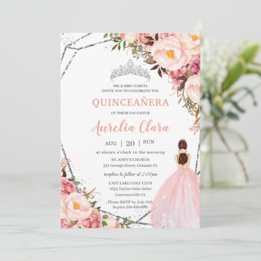 Quinceañera Blush Pink Blumenprinzessin Silver Inv Einladung (Stehend Vorderseite)