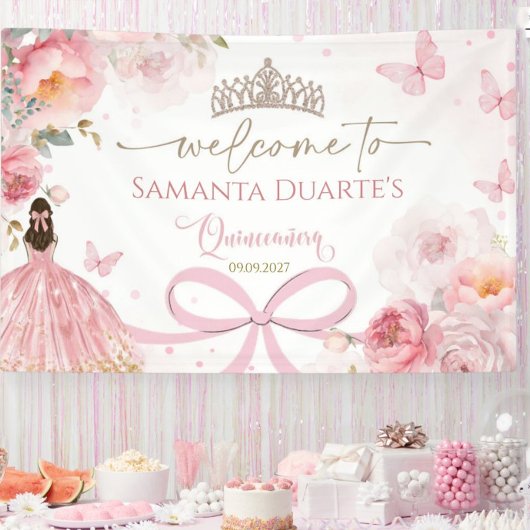 Quinceañera Blush Pink Bow Floral Butterfly Banner