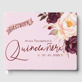 Quinceanera Blush Pink Burgund Floral Geburtstag Gästebuch
