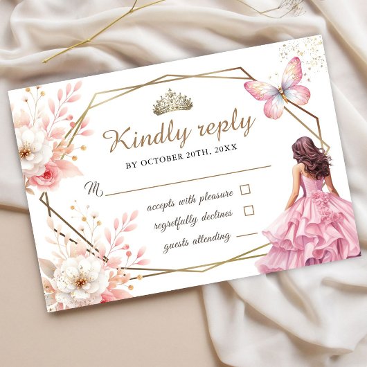Quinceañera Blush Pink Floral Butterfly Rsvp Card
