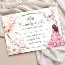 Quinceañera Blush Pink Floral Butterfly Rsvp Card