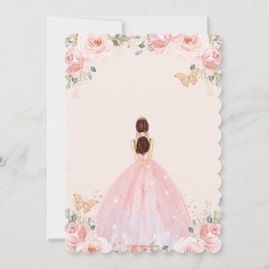 Quinceañera Blush Pink Floral Gold Kronenschmetter Einladung (Rückseite)