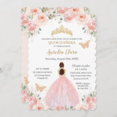 Quinceañera Blush Pink Floral Gold Kronenschmetter Einladung (Vorne/Hinten)
