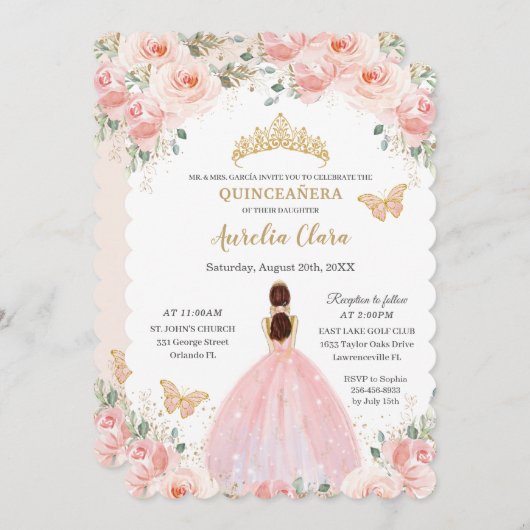 Quinceañera Blush Pink Floral Gold Kronenschmetter Einladung (Vorne/Hinten)