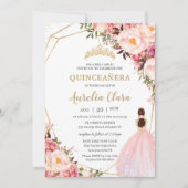 Quinceañera Blush Pink Floral Gold Prinzessin Einladung (Vorderseite)