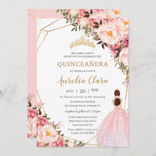 Quinceañera Blush Pink Floral Gold Prinzessin Einladung (Vorne/Hinten)