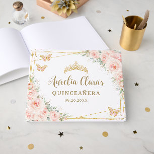 Quinceanera Blush Pink Floral Gold Schmetterlinge Gästebuch