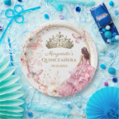 Quinceañera Blush Pink Floral Gold Tiara Butterfly Pappteller (Party)