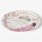 Quinceañera Blush Pink Floral Gold Tiara Butterfly Pappteller (Schrägansicht)