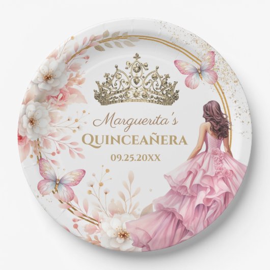 Quinceañera Blush Pink Floral Gold Tiara Butterfly Pappteller (Vorderseite)
