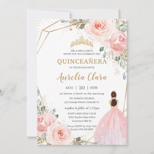 Quinceañera Blush Pink Floral Mis Quince Anos Inv Einladung (Vorderseite)
