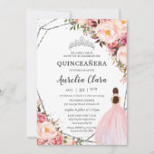 Quinceañera Blush Pink Floral Prinzessin Silver Einladung (Vorderseite)